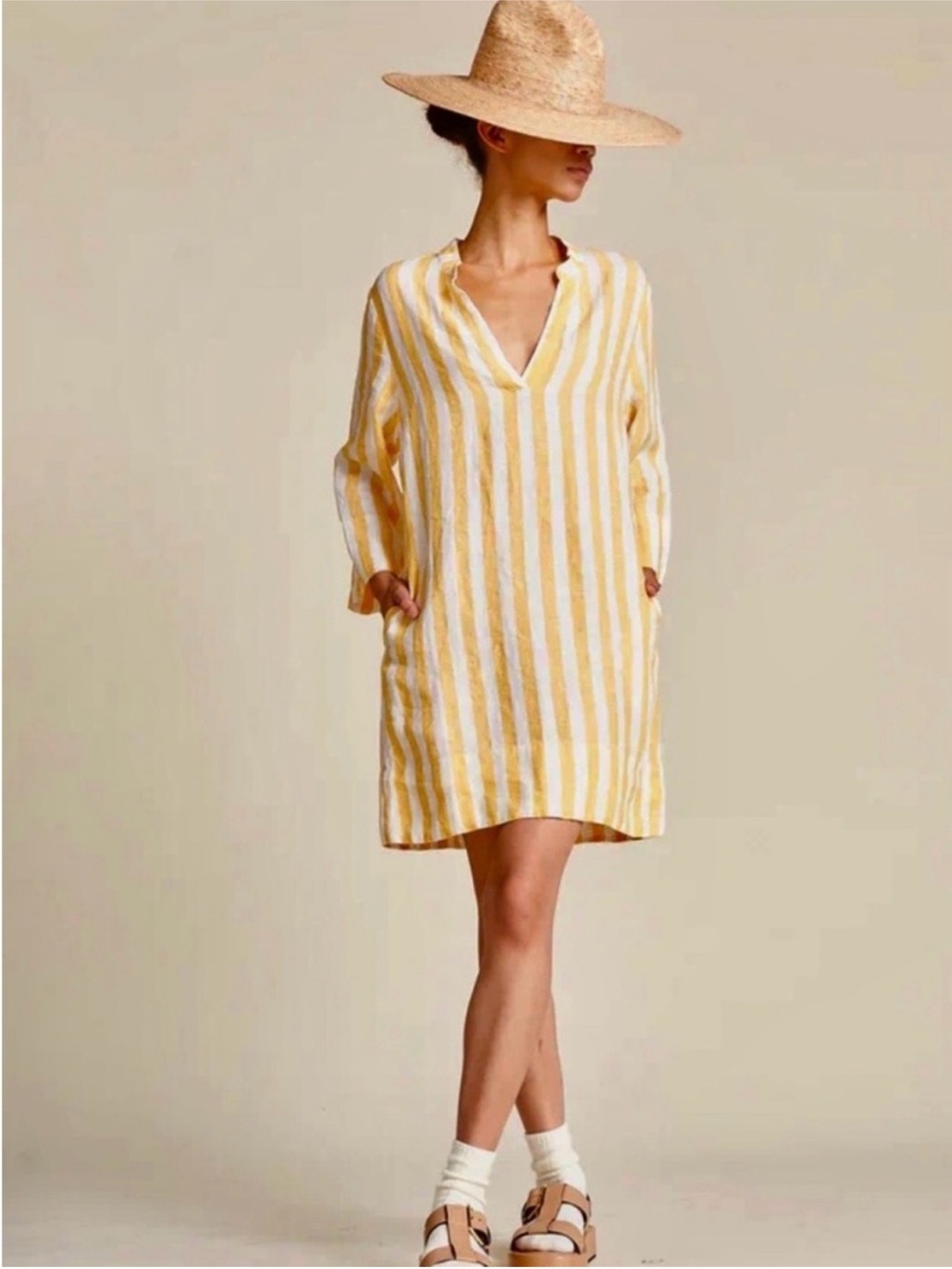 Trovata Birds of Paradis Lucca Linen Yellow Stripe Tunic Dress size Large